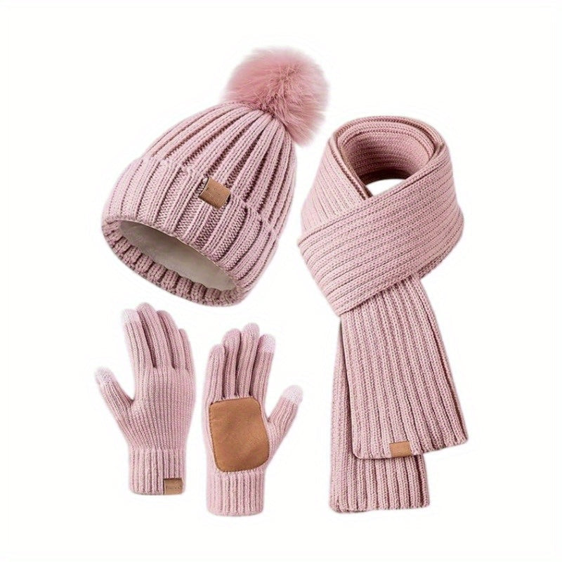 Cozy 3-In-1 Knitted Winter Set with Hat Scarf and Touchscreen Gloves