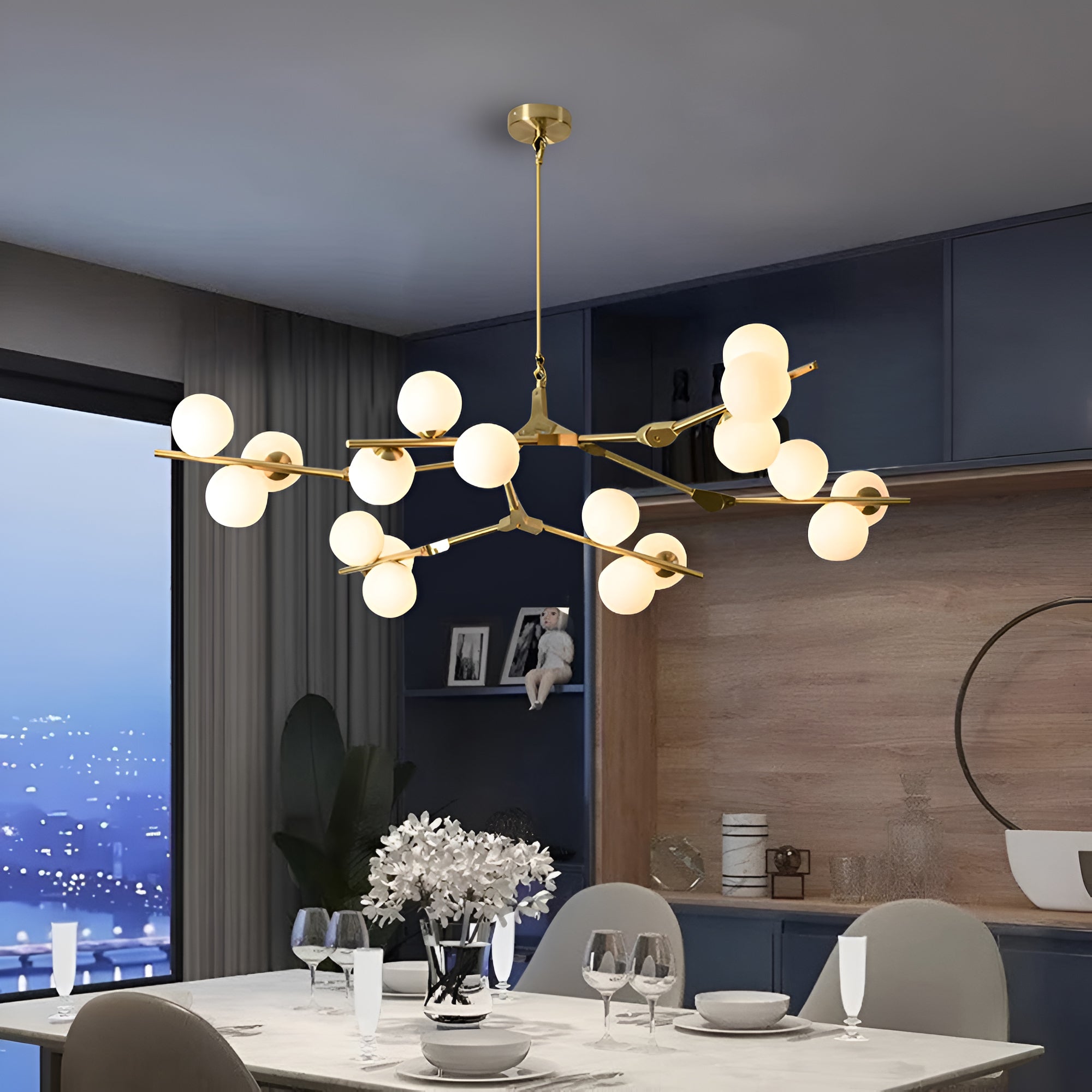 Lampadario a Rami Arbora con Sfere di Vetro Opalino per Bagliore