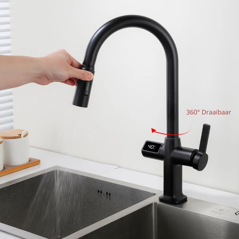 Torneira de Cozinha Extensível Aureo com Bico Giratório e Ecrã Digital