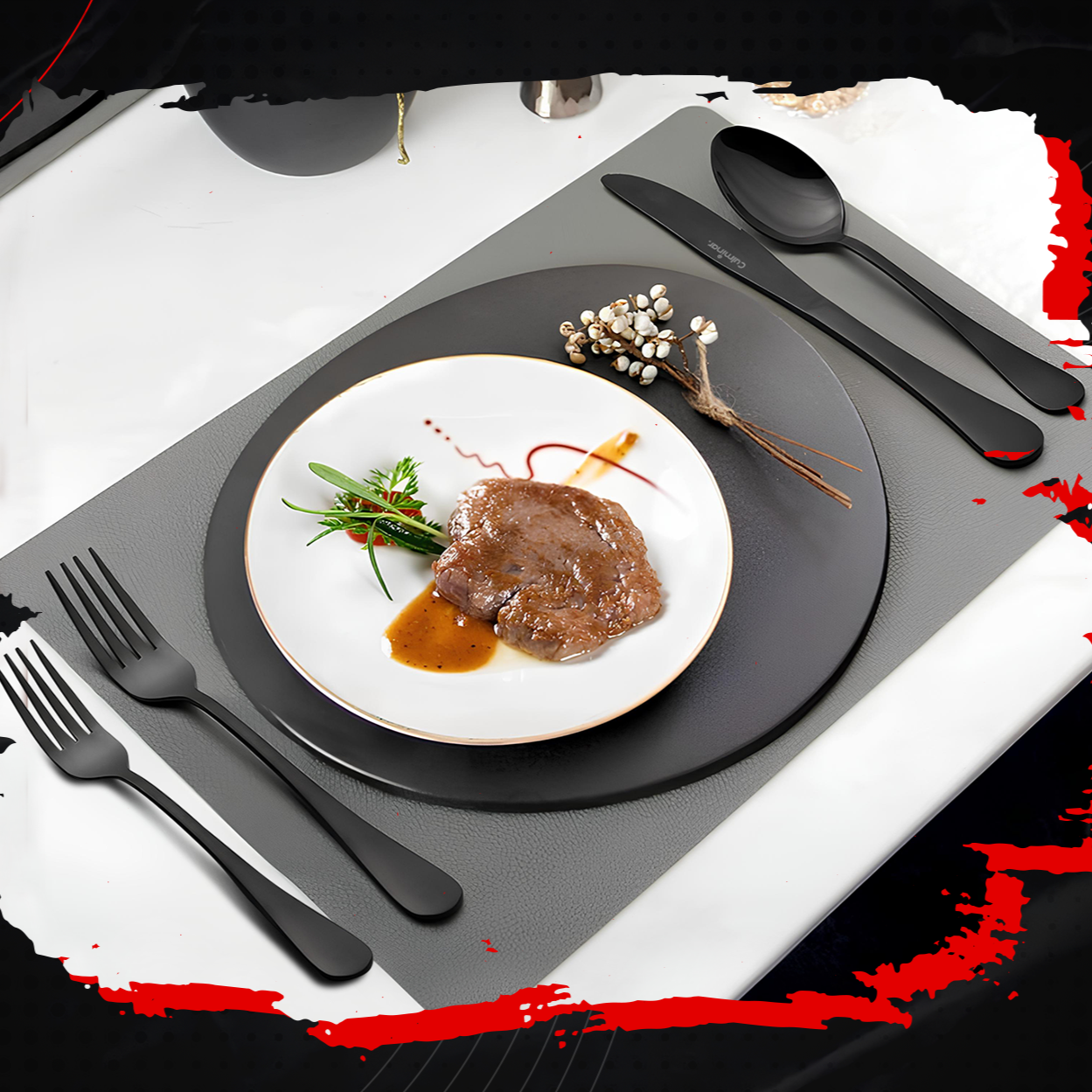 NightForge | Talheres Modernos em Aço Inoxidável Preto, Conjunto de 42 Peças