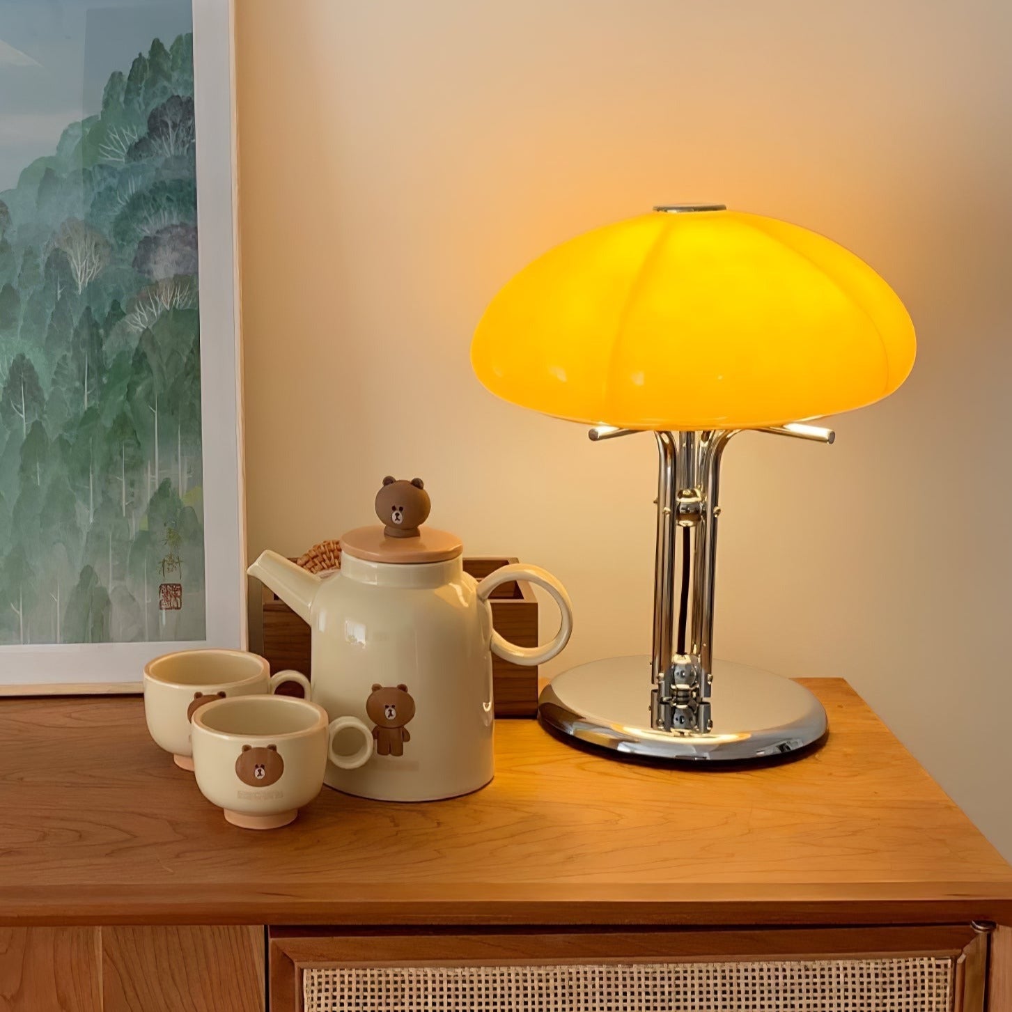 Aurelia Amber Glass Mushroom Bauhaus Table Lamp With Soft Glow