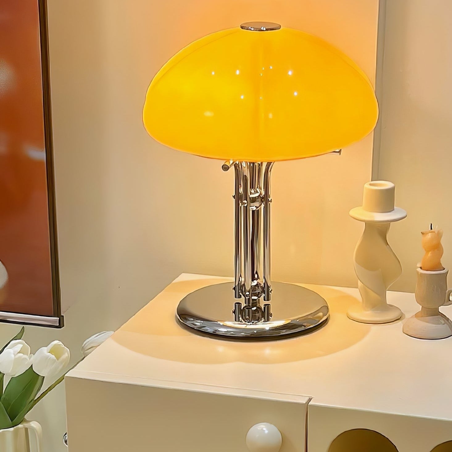 Aurelia Amber Glass Mushroom Bauhaus Table Lamp With Soft Glow