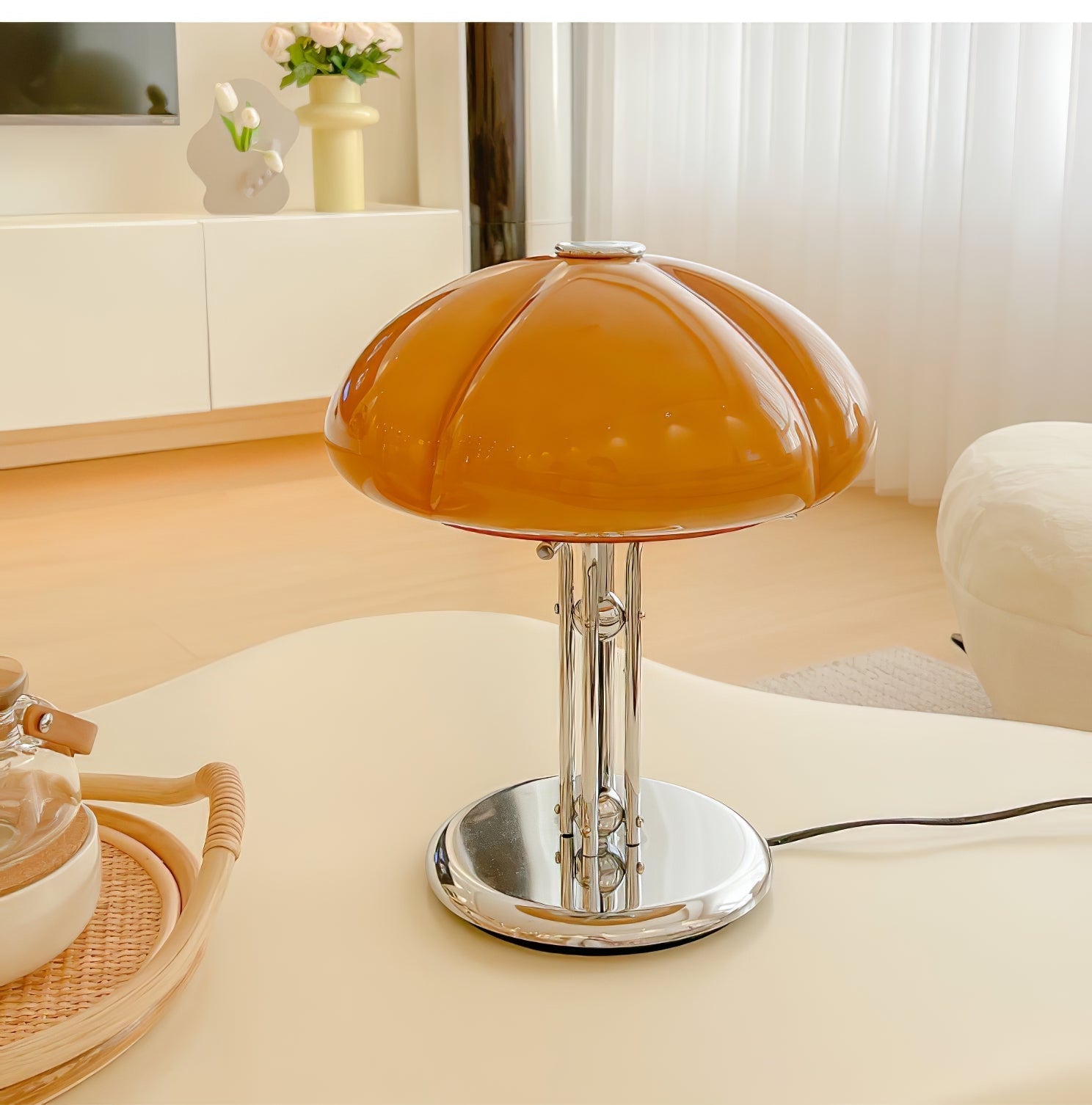 Aurelia Amber Glass Mushroom Bauhaus Table Lamp With Soft Glow