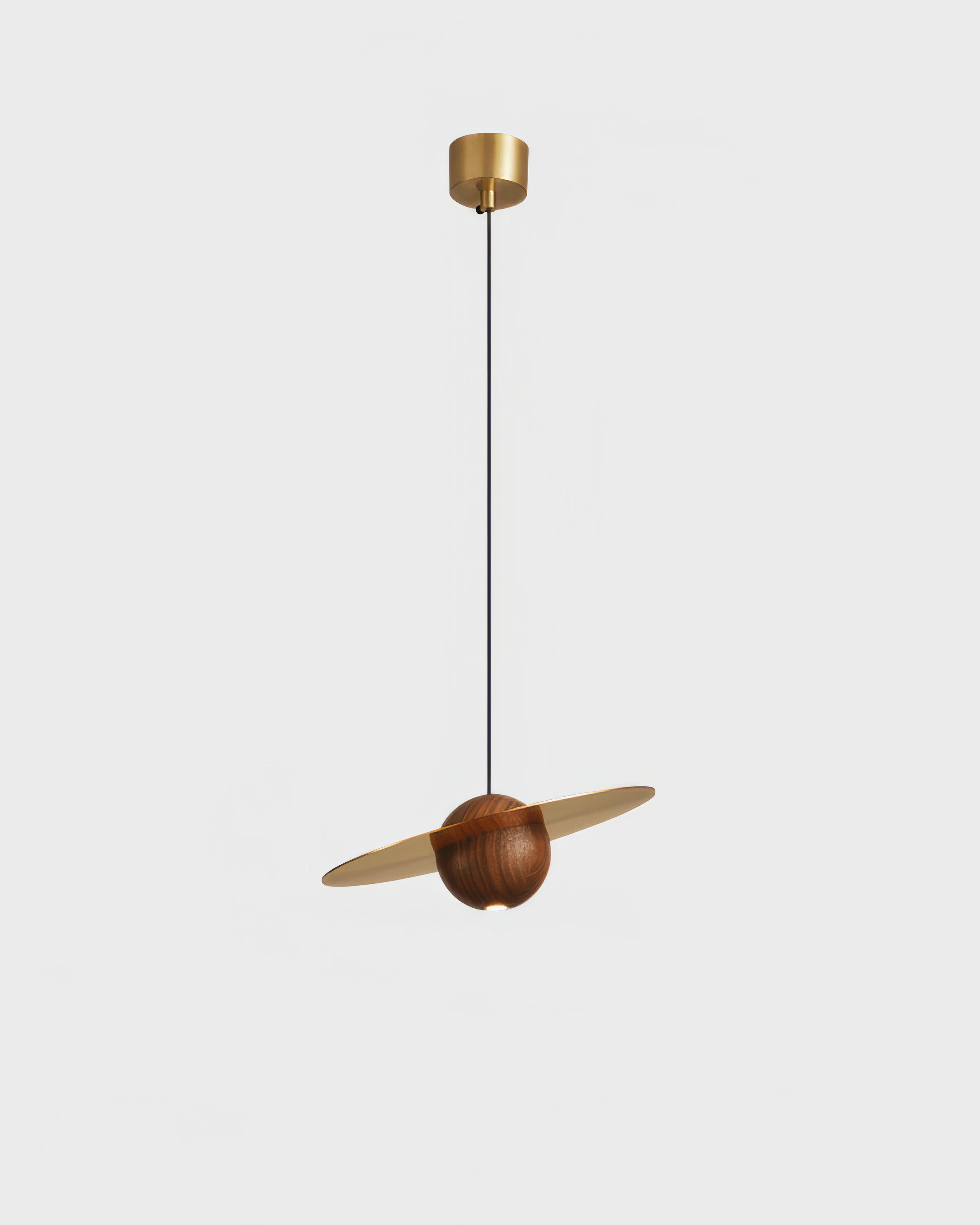 Marinor Walnut And Brass Flying Saucer Pendant Light With Mid Century Modern Silhouette