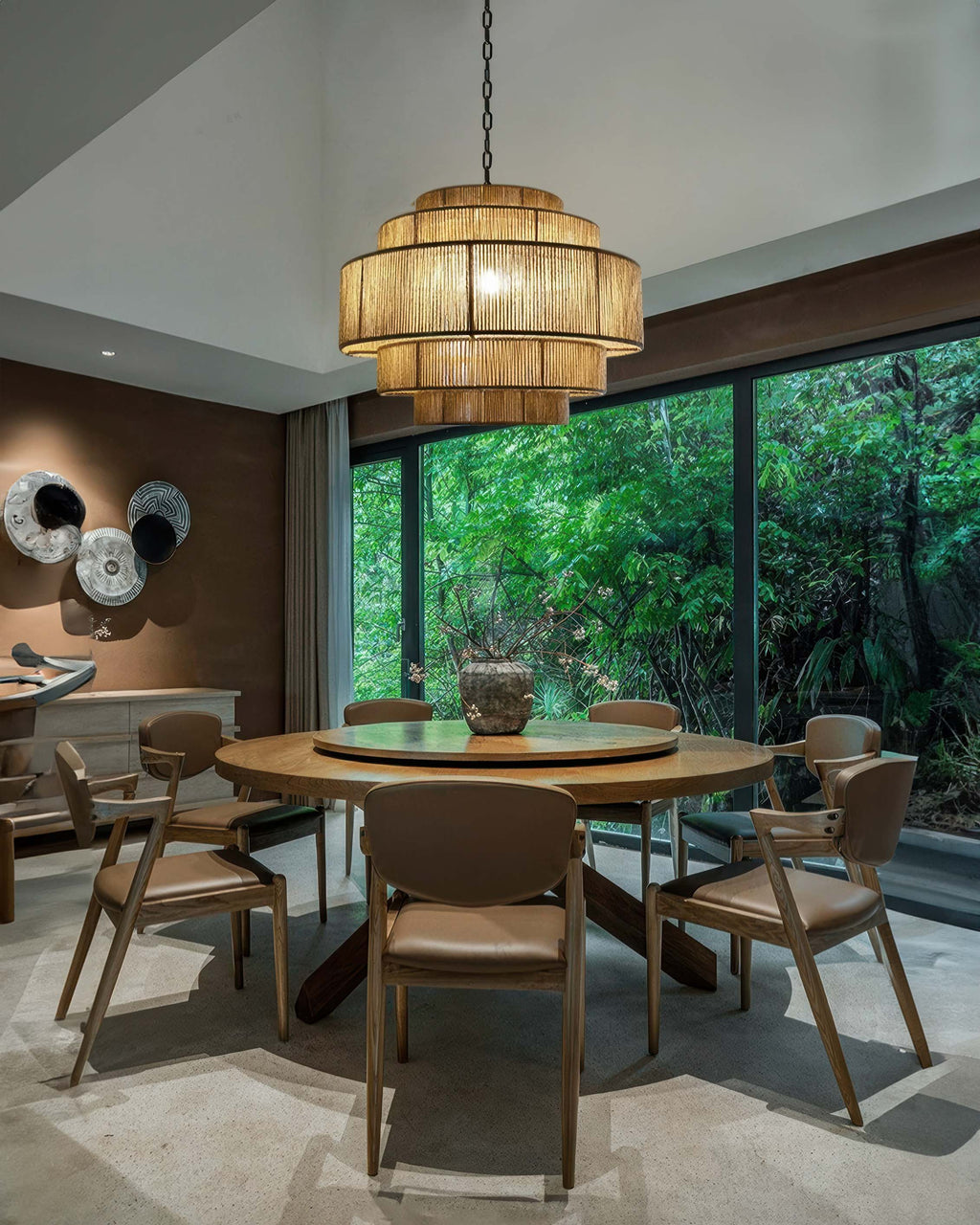 AuroraWeave Handwoven Rattan Chandelier With Hemp Rope Accents