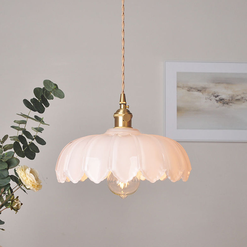 Vintage Floral Glass Pendant Lamp with Copper Details