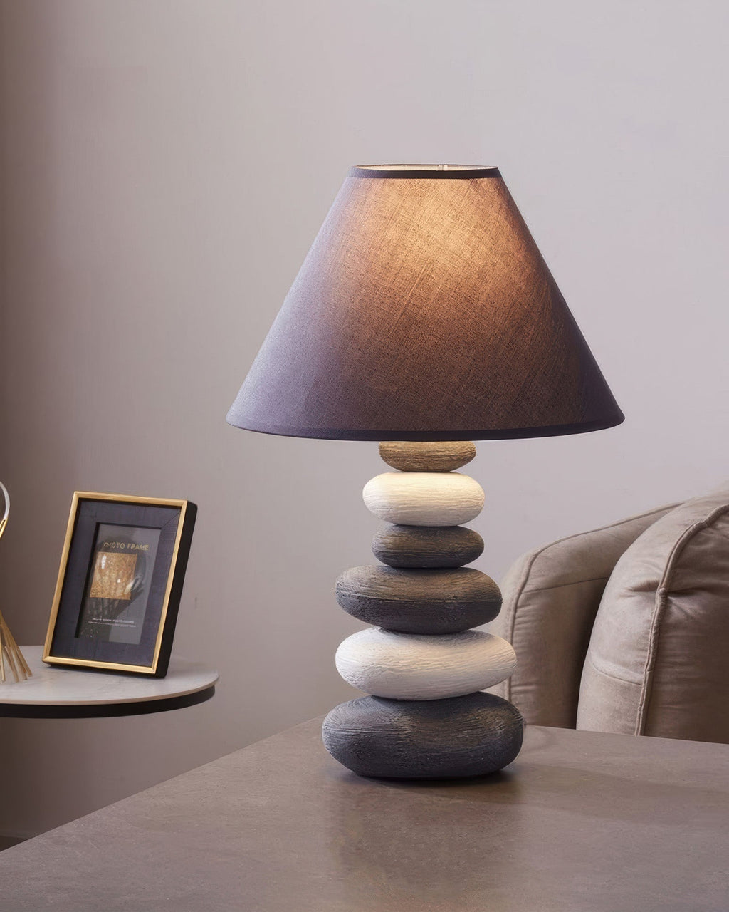 Liora Ambient Fabric Table Lamp With Stone Effect Ceramic Base And Soft Shade