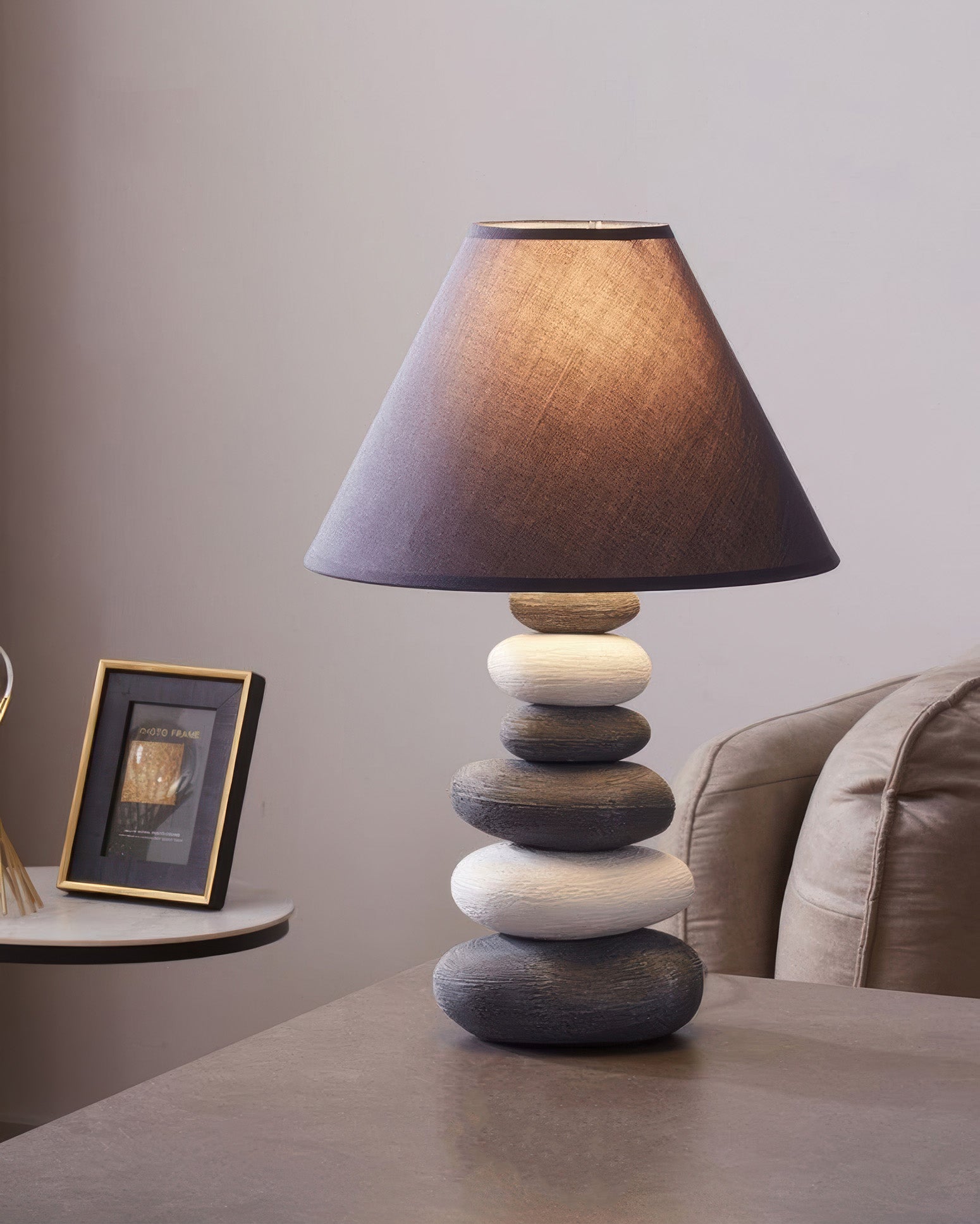 Liora Ambient Fabric Table Lamp With Stone Effect Ceramic Base And Soft Shade