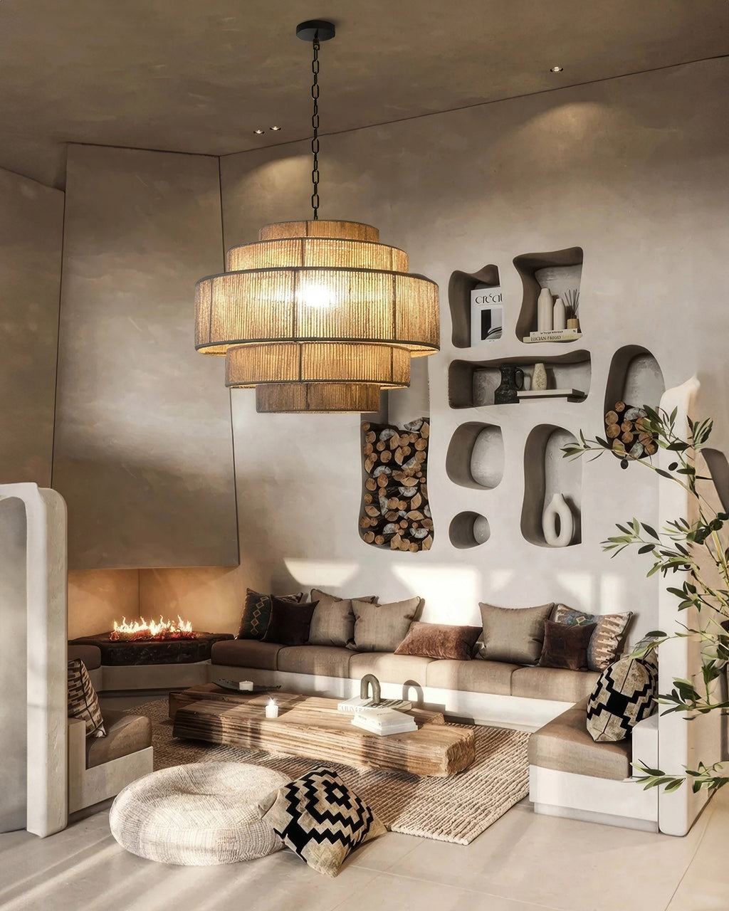 AuroraWeave Handwoven Rattan Chandelier With Hemp Rope Accents