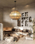 AuroraWeave Handwoven Rattan Chandelier With Hemp Rope Accents