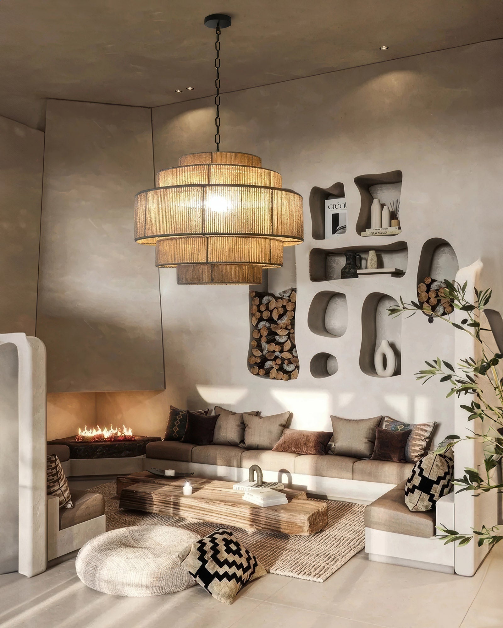 AuroraWeave Handwoven Rattan Chandelier With Hemp Rope Accents