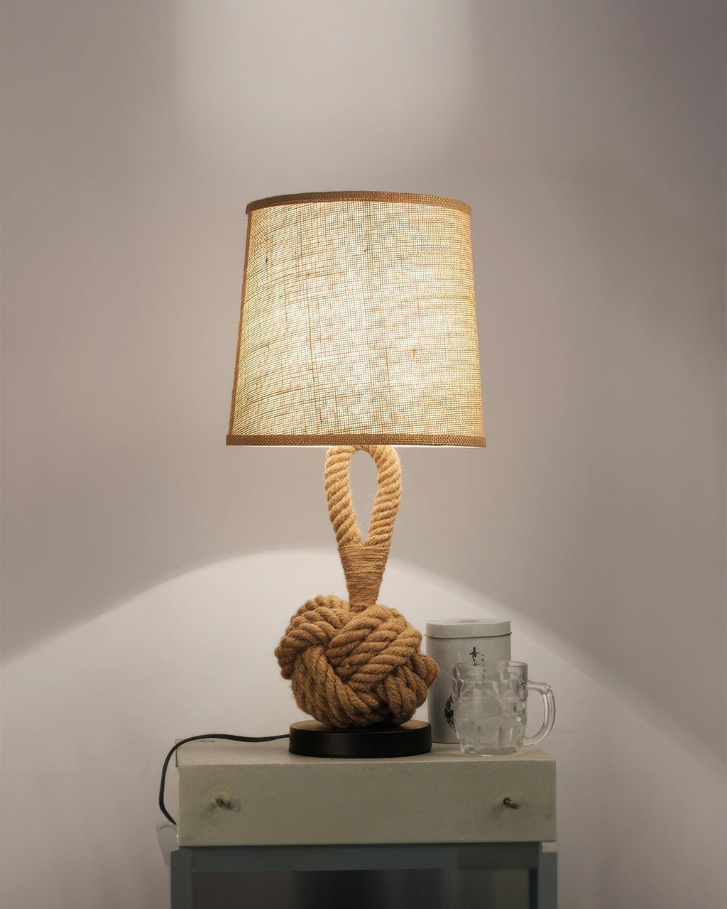 Lumenara Rustic Hemp Rope Table Lamp With Linen Shade And E27 Socket