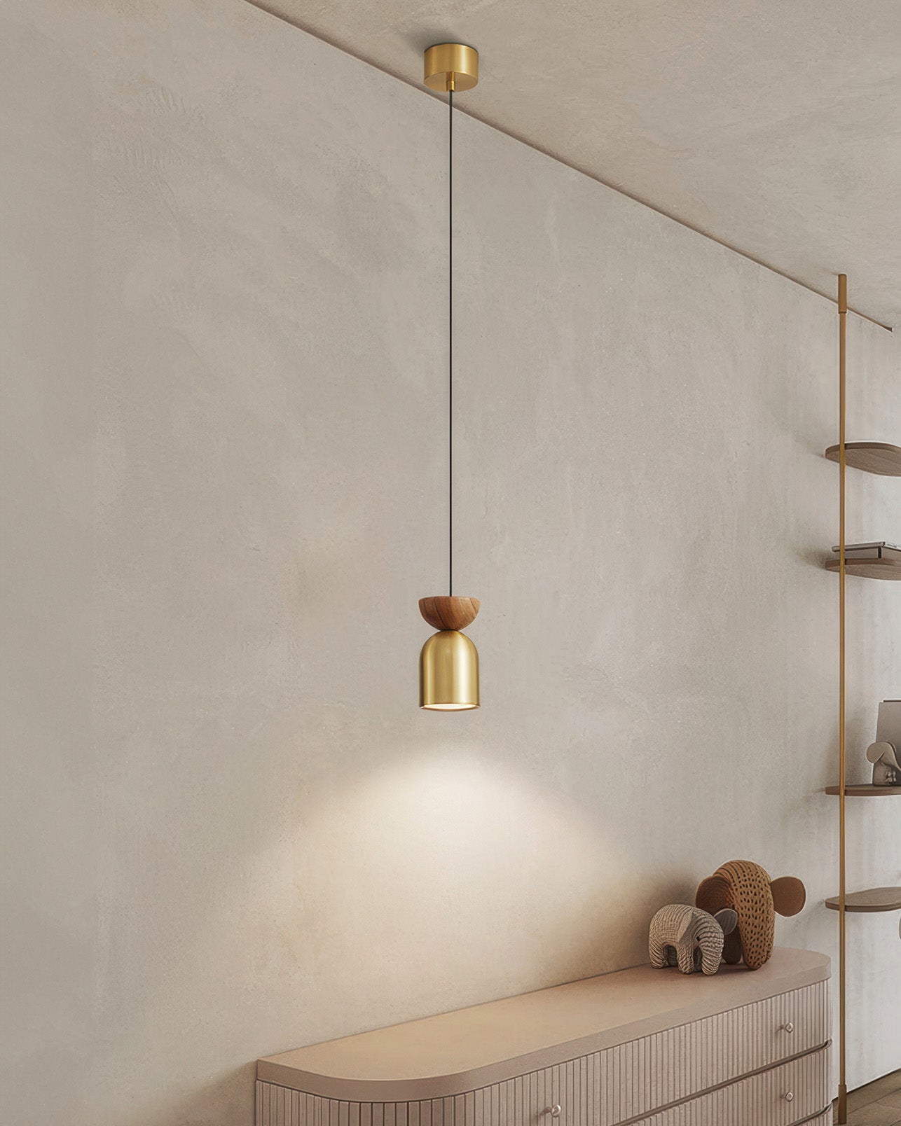 Marinor Walnut And Brass Flying Saucer Pendant Light With Mid Century Modern Silhouette