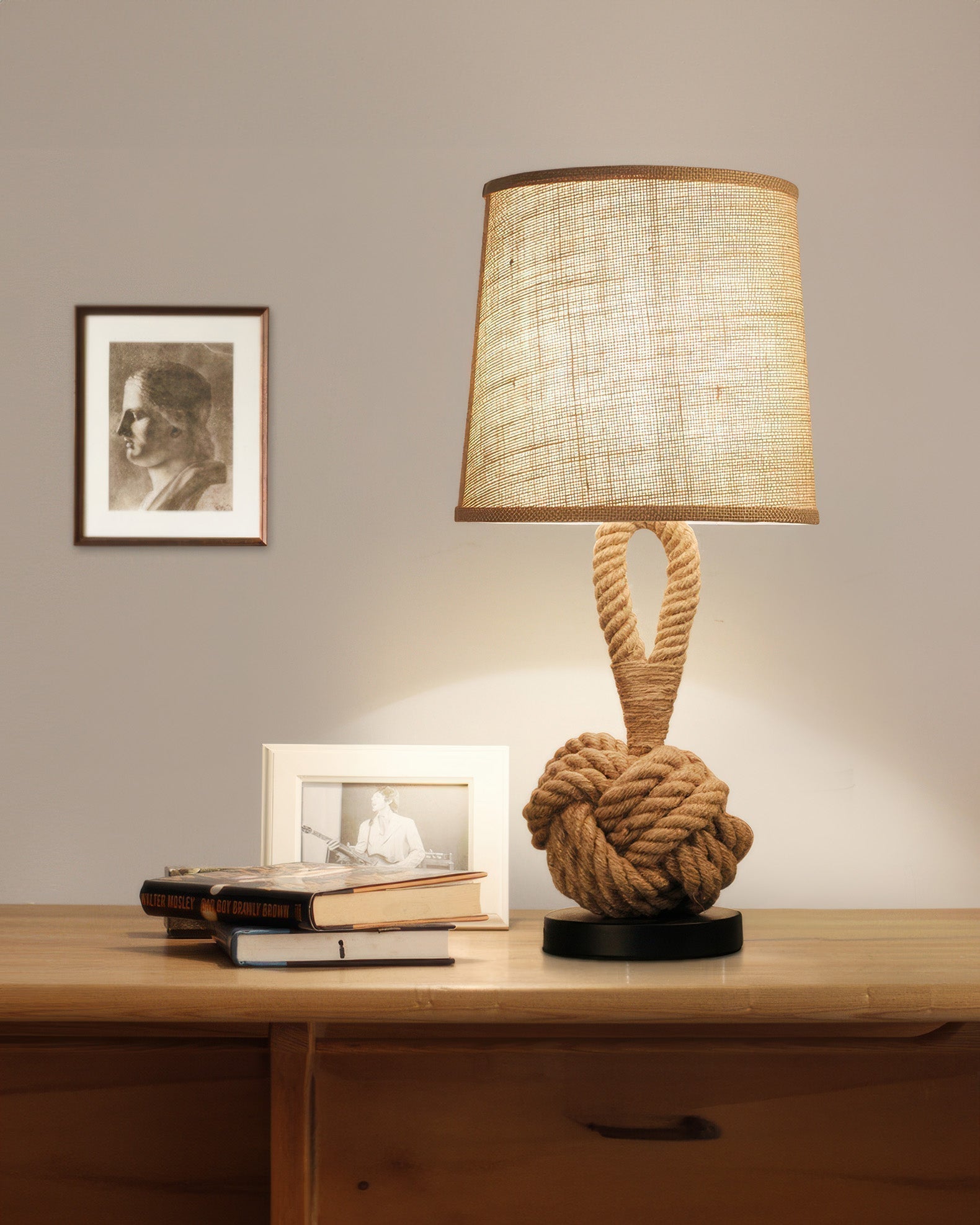 Lumenara Rustic Hemp Rope Table Lamp With Linen Shade And E27 Socket