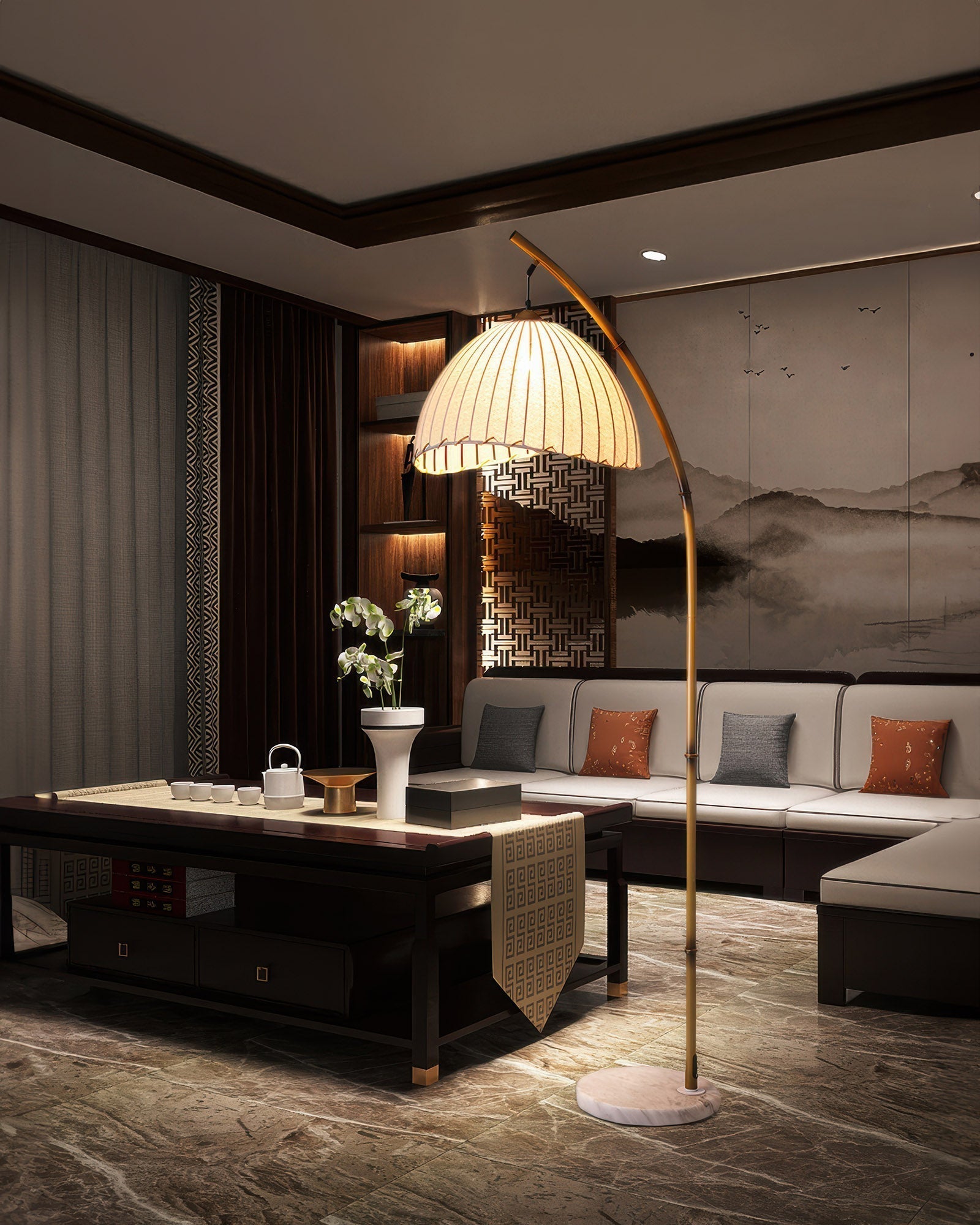 Lunara Bamboo Inspired Floor Lamp With Fabric Shade For Soft Ambient Glow