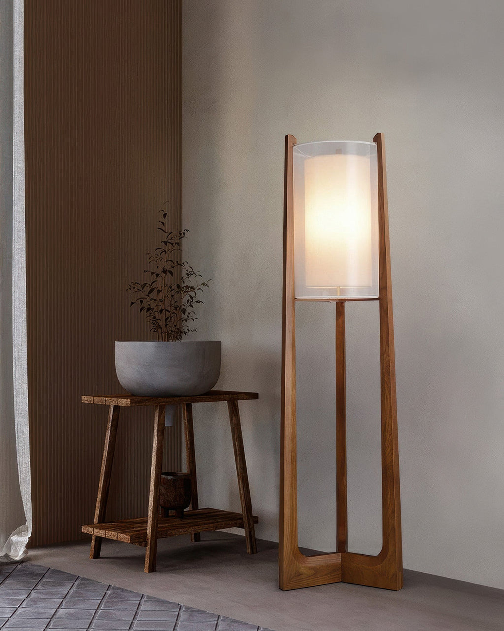Lyra Grove Floor Lamp With Ash Wood And Needle Wire Cloth Minimal Zen Light