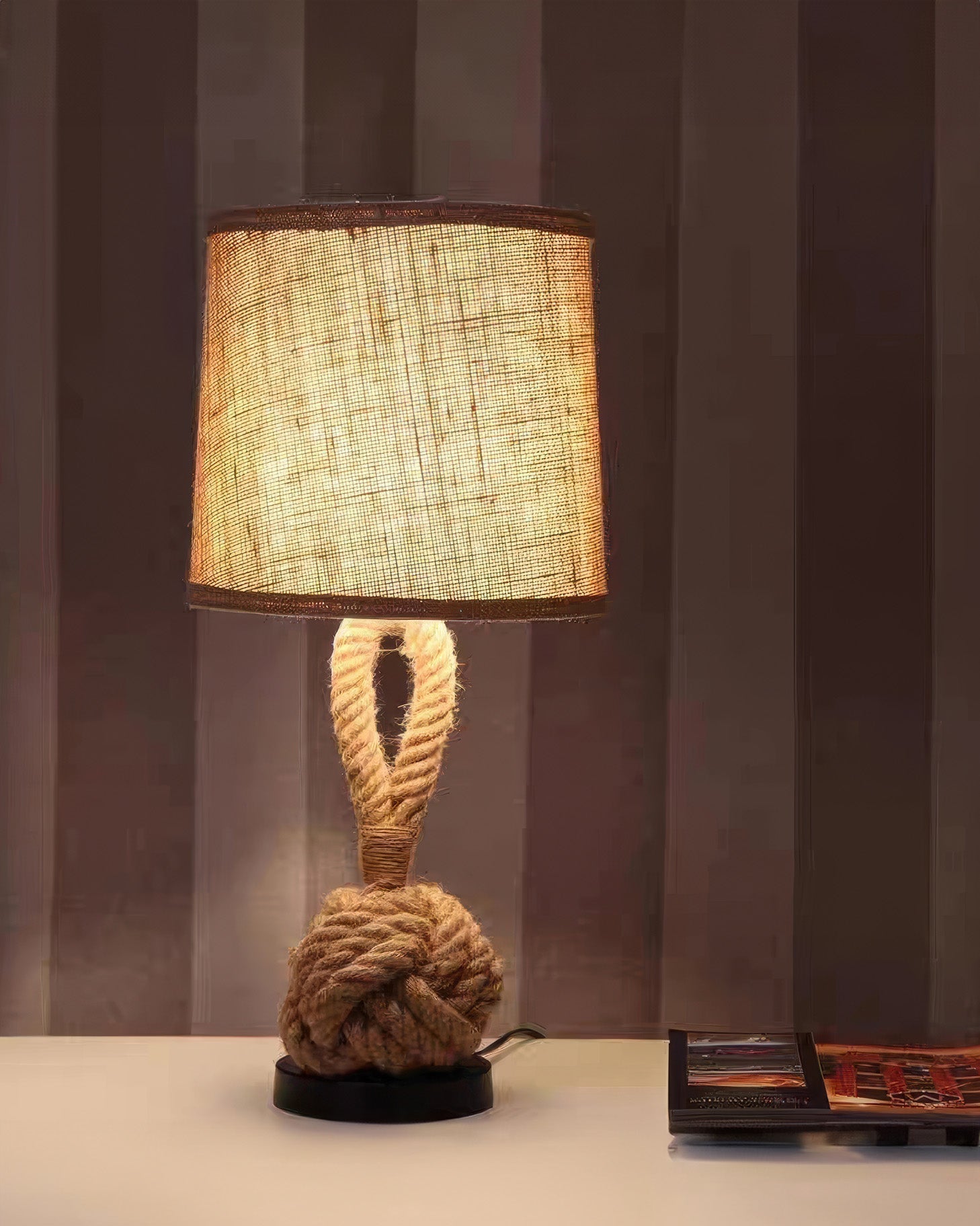 Lumenara Rustic Hemp Rope Table Lamp With Linen Shade And E27 Socket
