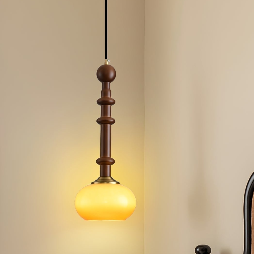 Valoria Roman Glass Brass LED Pendant Light with Wood Accent
