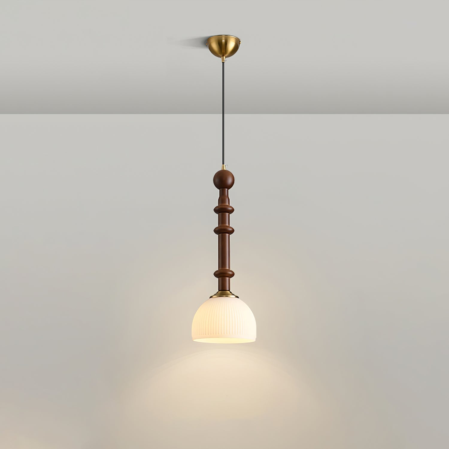 Valoria Roman Glass Brass LED Pendant Light with Wood Accent