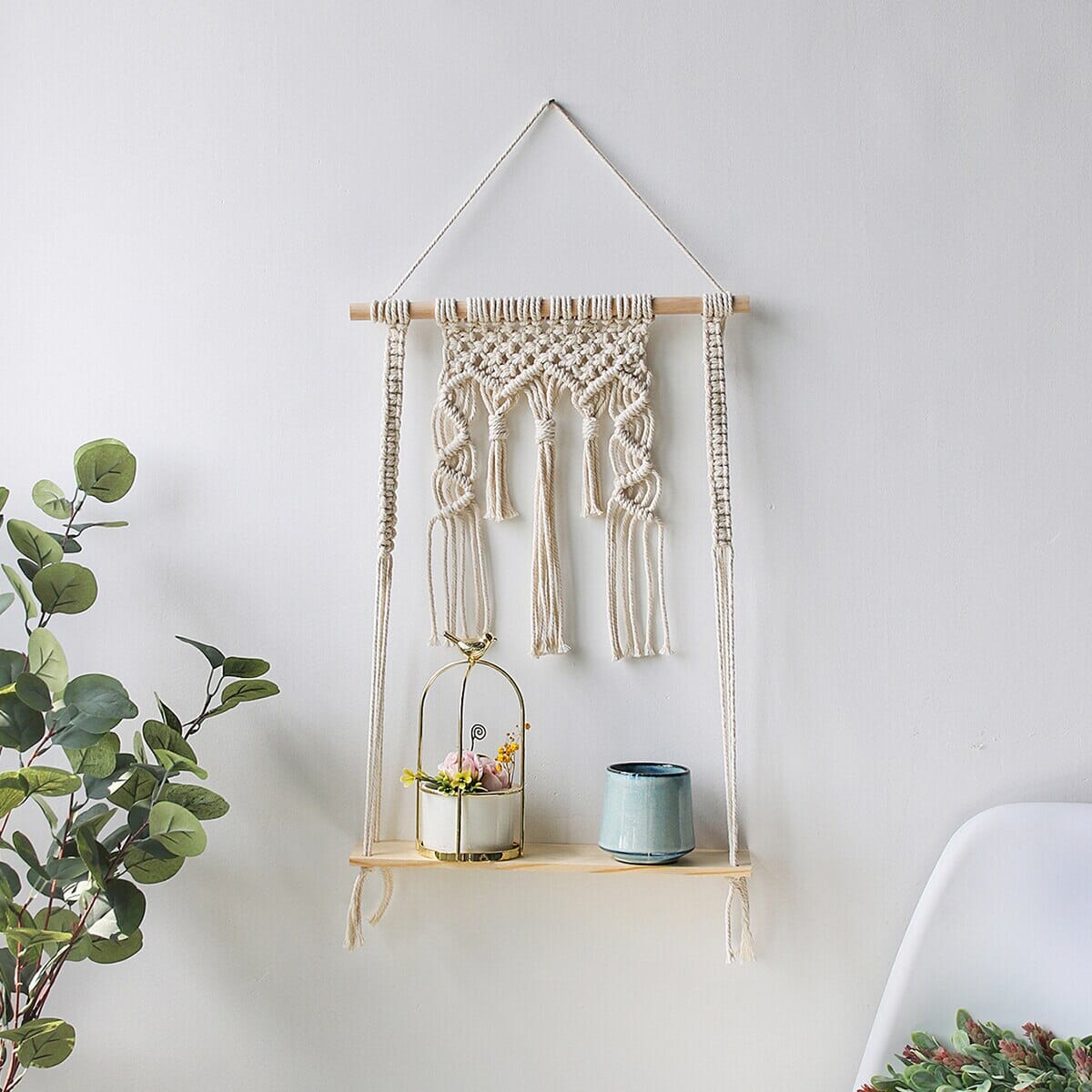 Prateleiras de Parede BohoLoom - Decoração de Parede Rústica em Madeira com Macramé