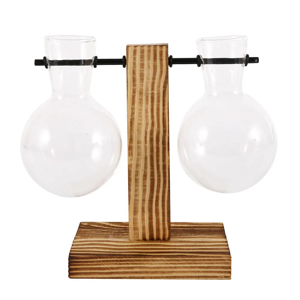 WoodenBloom - Creative Glass Desktop Planter with Wooden Stand – Hydroponic Bulb Vase for Home & Office Decor