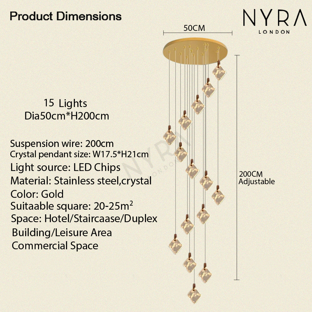 Aurelia Gold Drop LED-krystalllysekrone med glasskrystaller