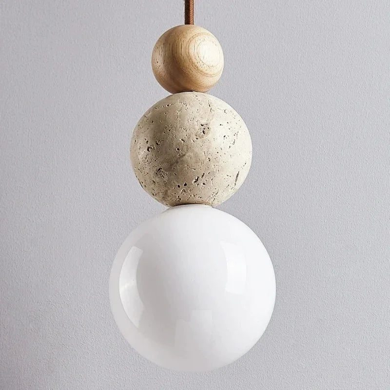 Solara Stone and Wood Pendant Lamp in Wabi-Sabi Style