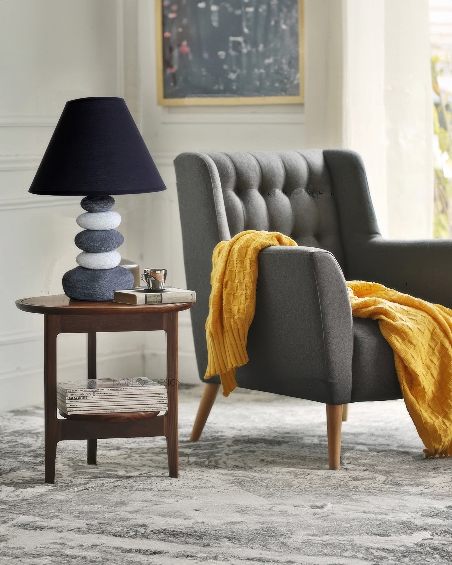 Lampă de masă Liora Ambient din țesătură cu bază ceramică cu efect de piatră și abajur moale