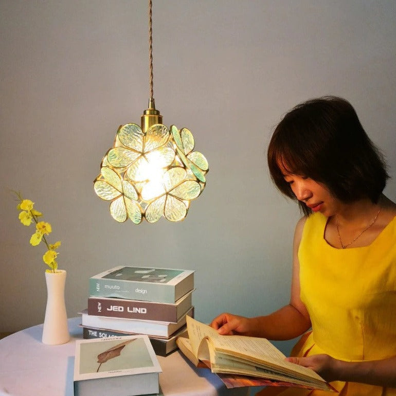 Nordic Glass Petal Pendant Light In Brass, Hand-Stitched