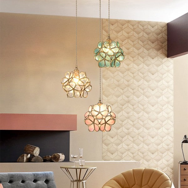 Nordic Glass Petal Pendant Light In Brass, Hand-Stitched