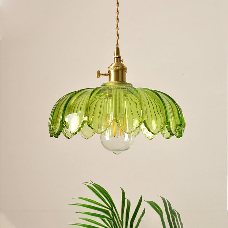 Vintage Floral Glass Pendant Lamp with Copper Details