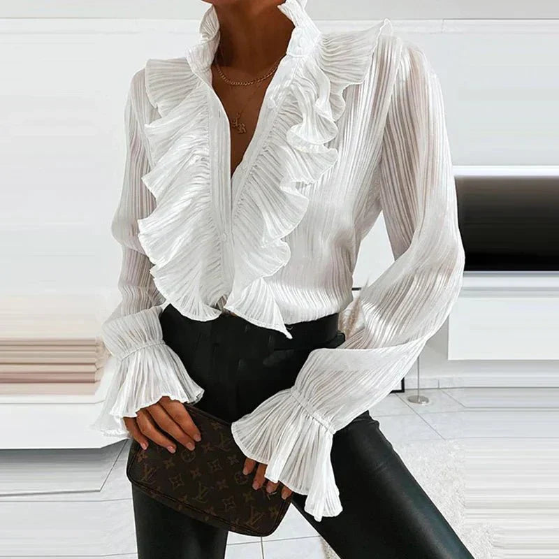 Camicia di chiffon con dettagli arricciati e maniche lunghe plissettate